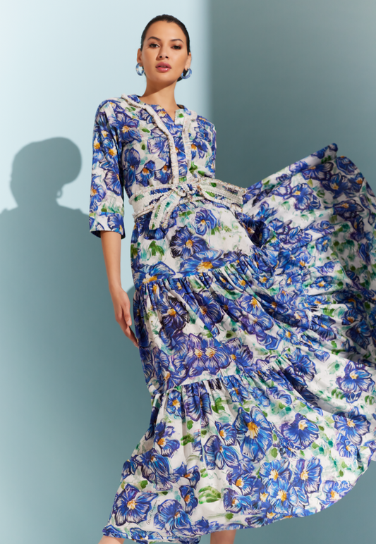 Carol Cotton Maxi Skirt in Blue Pansies